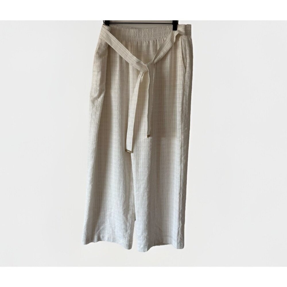 Calvin Klein Women's White Belted Plaid Stretch Wide-Leg Pants Size L Office